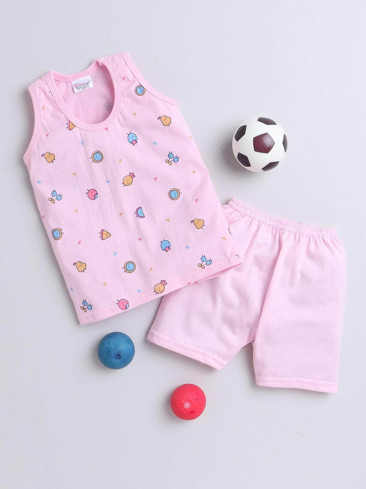 Little Angels Little Angels Scoop Neck Cotton Blue Sleeveless Printed Vest & Solid Shorts For Baby Boys Combos Move & Groove Top and Shorts 3-6M / Pink / Cotton