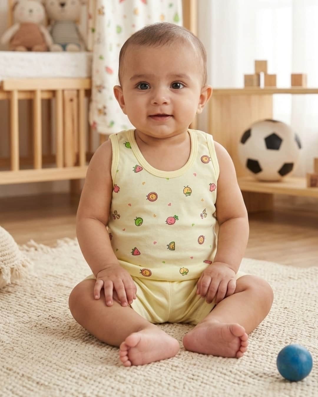Little Angels Little Angels Scoop Neck Cotton Blue Sleeveless Printed Vest & Solid Shorts For Baby Boys Combos Move & Groove Top and Shorts 3-6M / Yellow / Cotton