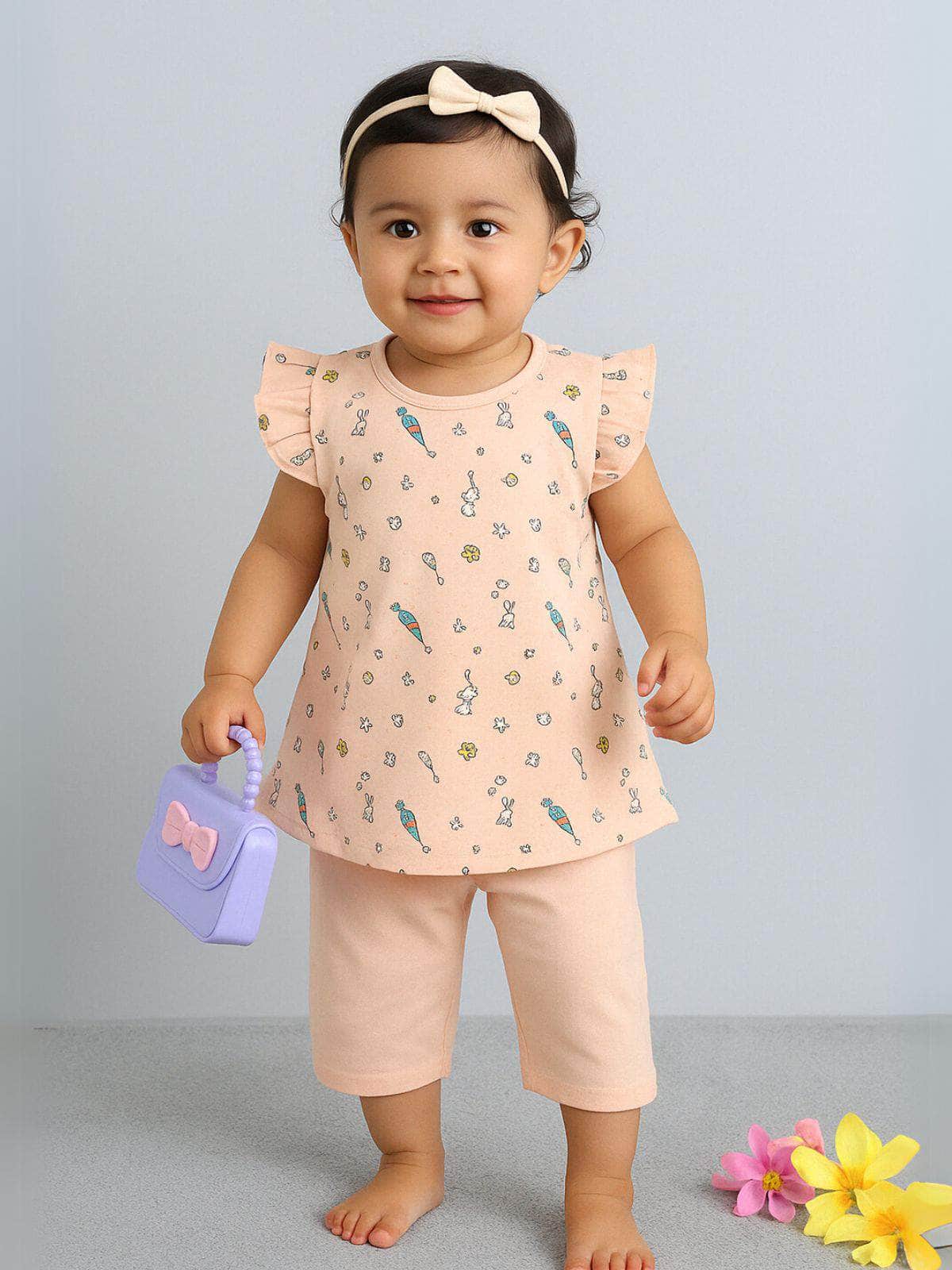 Little Angels Little Angels Round Neck Frill Sleeves Peach Cotton Printed Frock with Pants For Baby Girls Combos Twirl & Tumble Frock with Capri