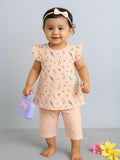 Little Angels Little Angels Round Neck Frill Sleeves Peach Cotton Printed Frock with Pants For Baby Girls Combos Twirl & Tumble Frock with Capri