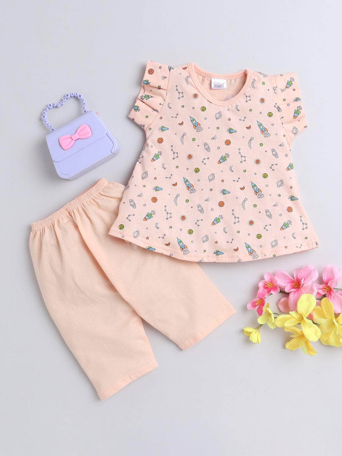 Little Angels Little Angels Round Neck Frill Sleeves Peach Cotton Printed Frock with Pants For Baby Girls Combos Twirl & Tumble Frock with Capri