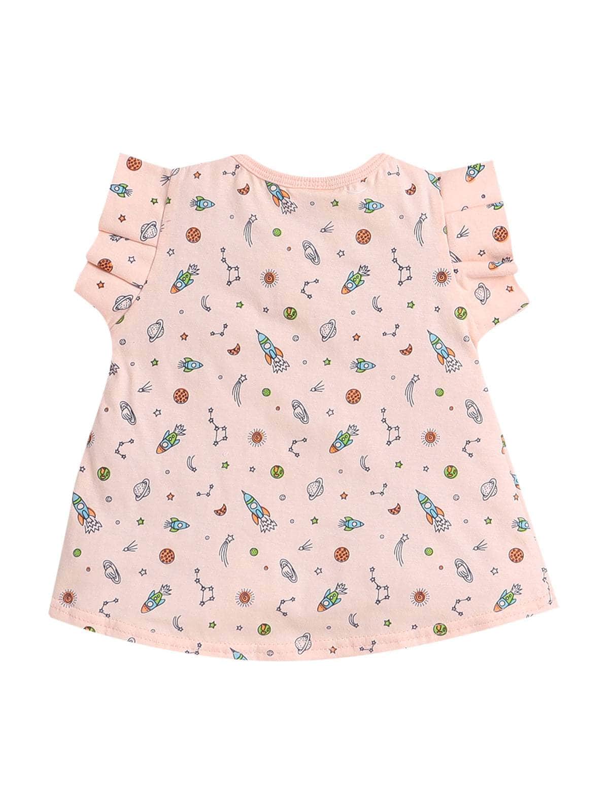 Little Angels Little Angels Round Neck Frill Sleeves Peach Cotton Printed Frock with Pants For Baby Girls Combos Twirl & Tumble Frock with Capri