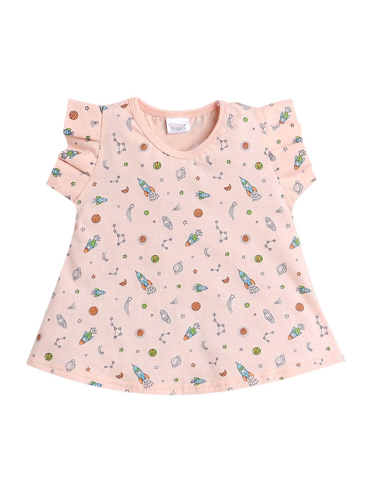 Little Angels Little Angels Round Neck Frill Sleeves Peach Cotton Printed Frock with Pants For Baby Girls Combos Twirl & Tumble Frock with Capri