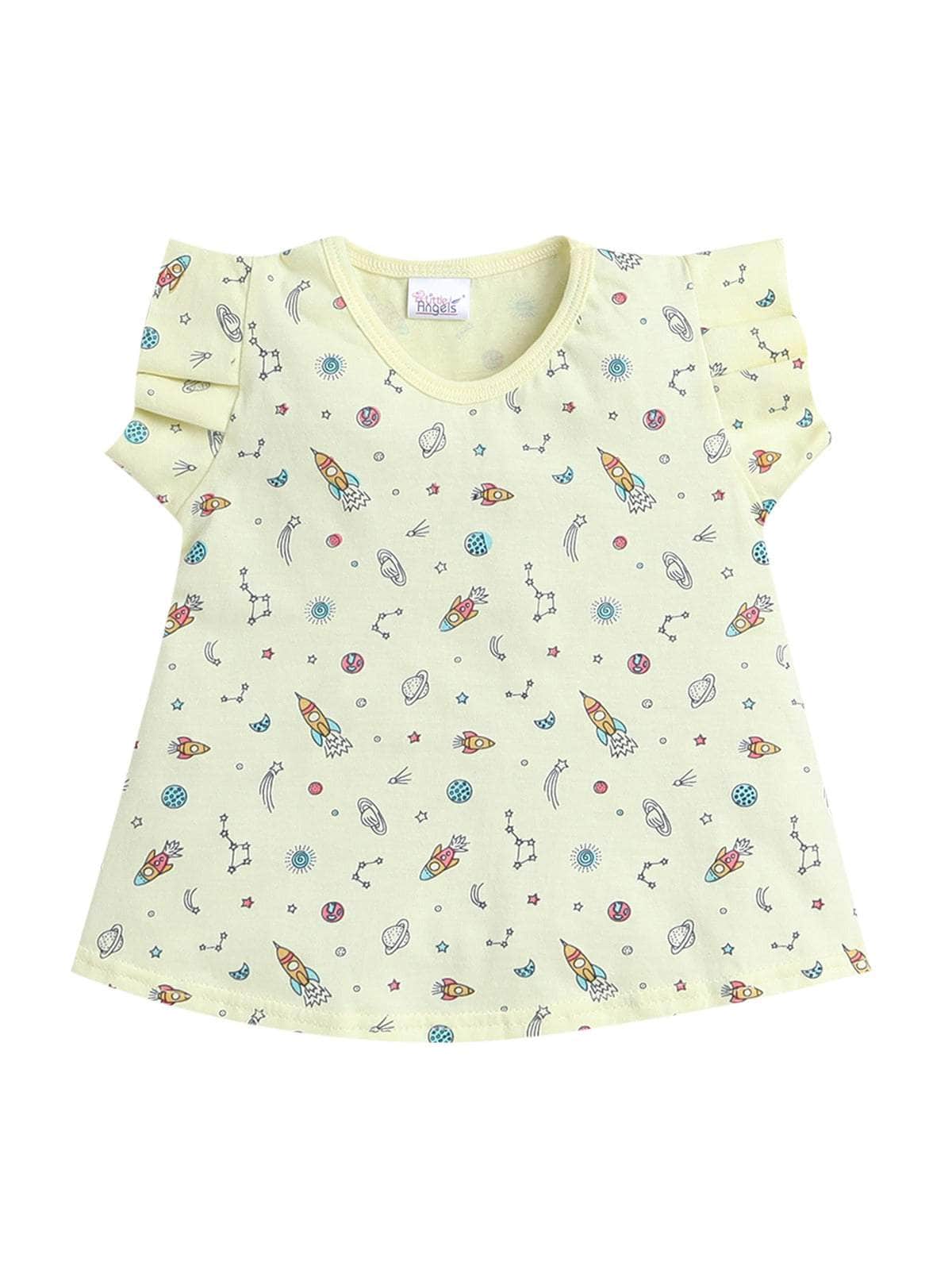 Little Angels Little Angels Round Neck Frill Sleeves Yellow Cotton Printed Frock with Pants For Baby Girls Combos Twirl & Tumble Frock with Capri