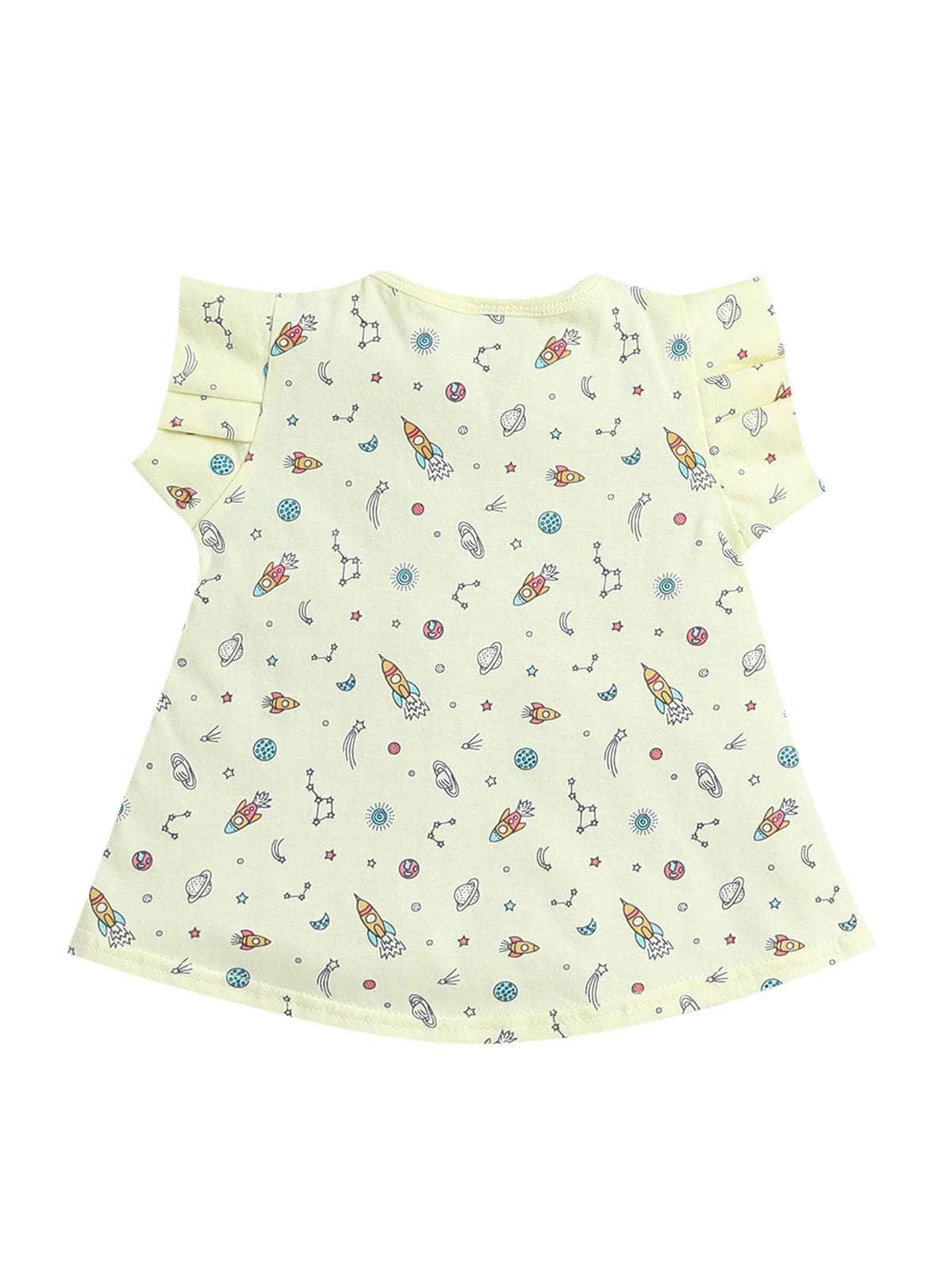 Little Angels Little Angels Round Neck Frill Sleeves Yellow Cotton Printed Frock with Pants For Baby Girls Combos Twirl & Tumble Frock with Capri