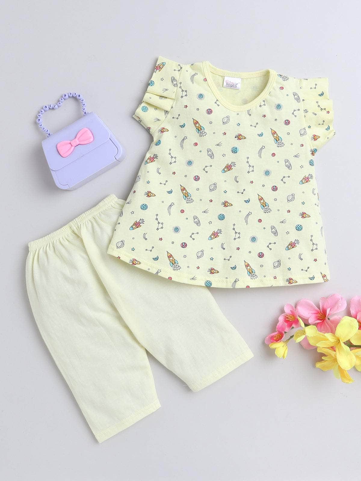 Little Angels Little Angels Round Neck Frill Sleeves Yellow Cotton Printed Frock with Pants For Baby Girls Combos Twirl & Tumble Frock with Capri