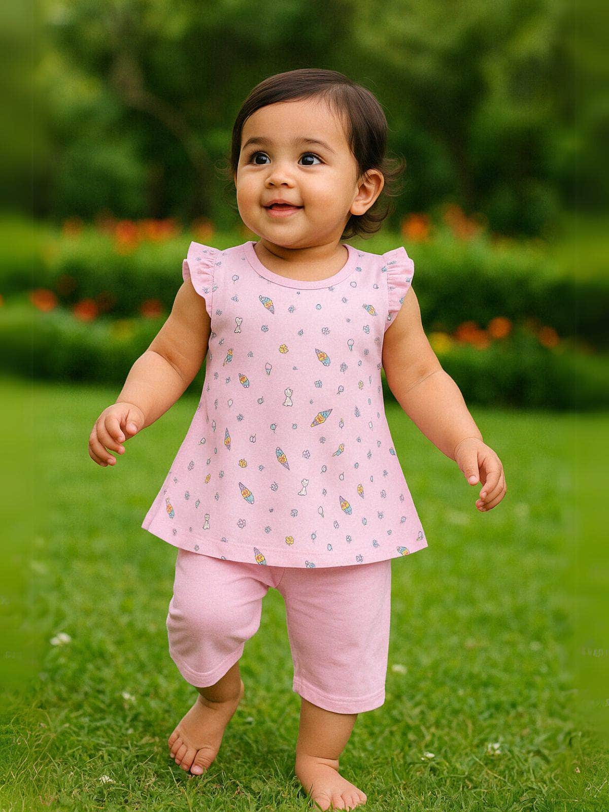 Little Angels Little Angels Round Neck Frill Sleeves Blue Cotton Printed Frock with Pants For Baby Girls Combos Twirl & Tumble Frock with Capri