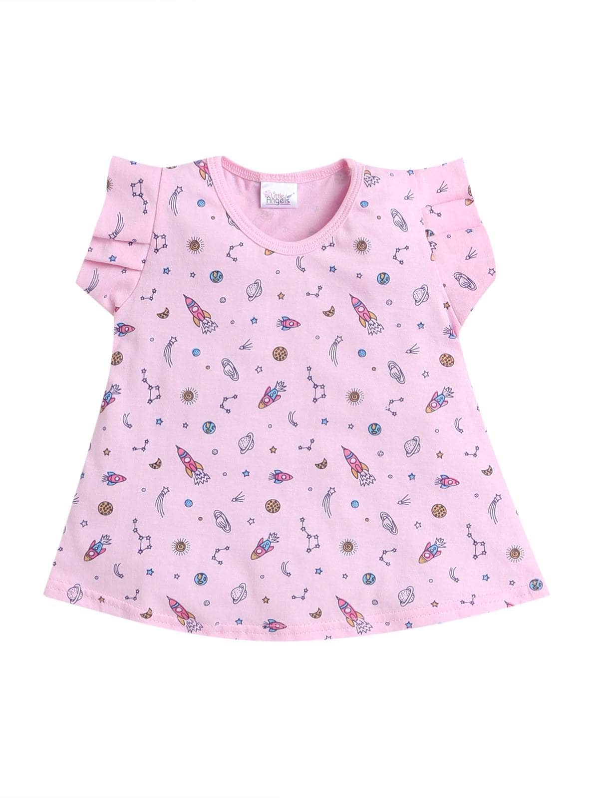 Little Angels Little Angels Round Neck Frill Sleeves Blue Cotton Printed Frock with Pants For Baby Girls Combos Twirl & Tumble Frock with Capri