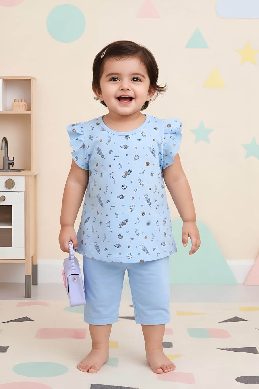 Little Angels Little Angels Round Neck Frill Sleeves Cotton Printed Frock with Pants For Baby Girls Combos Twirl & Tumble Frock with Capri