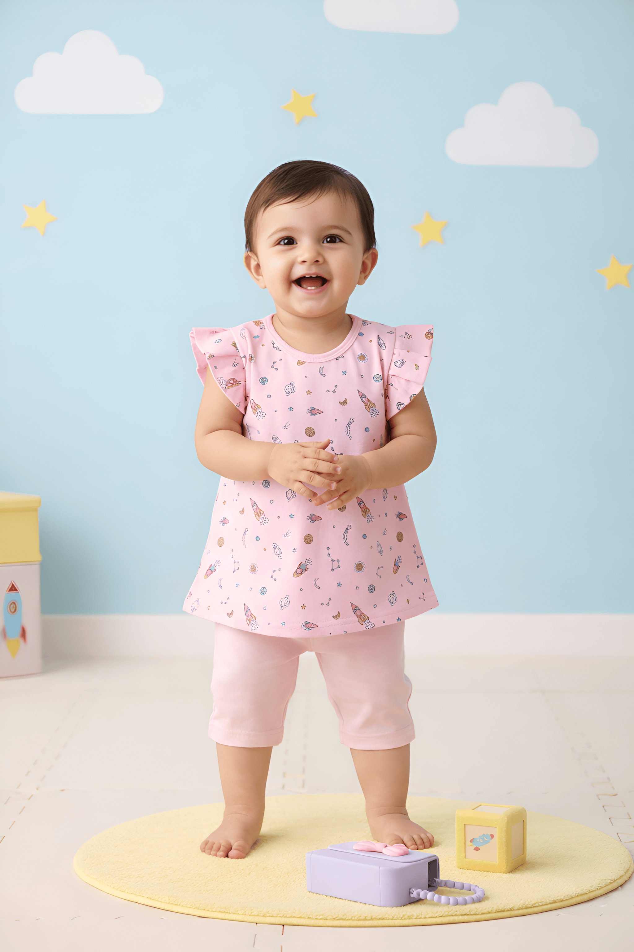 Little Angels Little Angels Round Neck Frill Sleeves Cotton Printed Frock with Pants For Baby Girls Combos Twirl & Tumble Frock with Capri