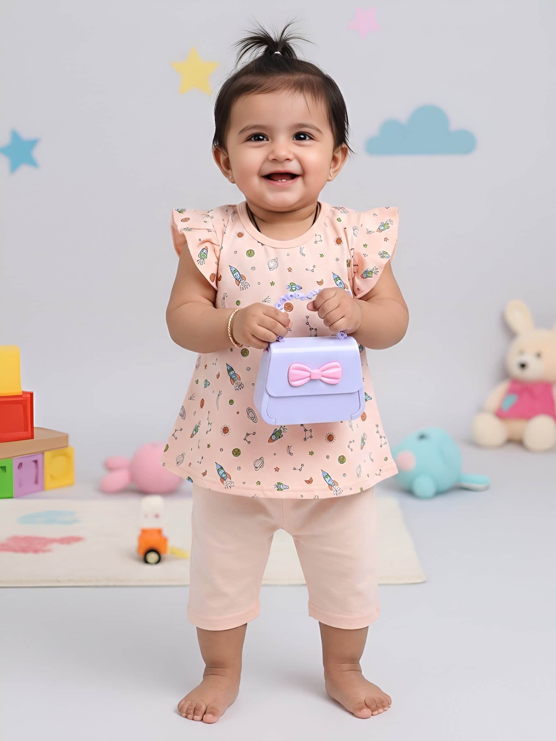 Little Angels Little Angels Round Neck Frill Sleeves Cotton Printed Frock with Pants For Baby Girls Combos Twirl & Tumble Frock with Capri