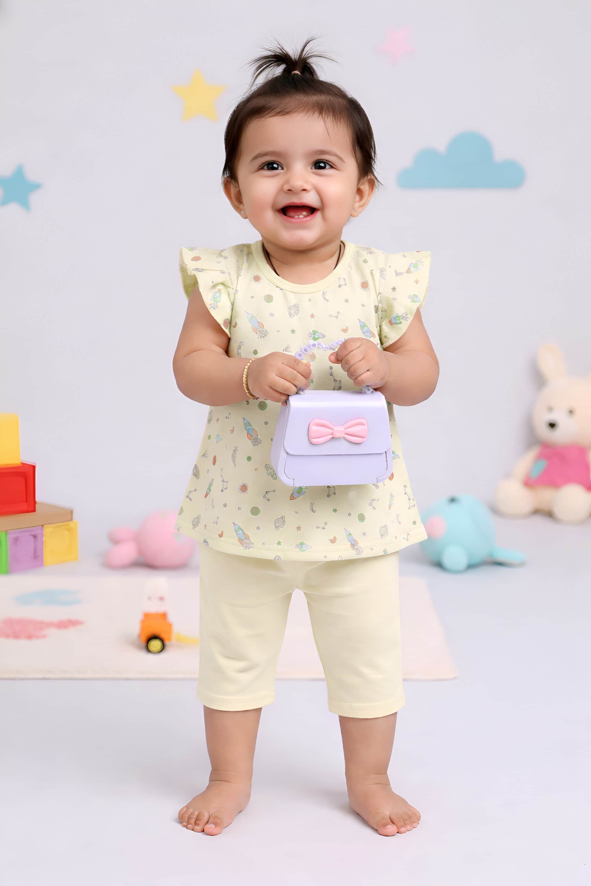 Little Angels Little Angels Round Neck Frill Sleeves Cotton Printed Frock with Pants For Baby Girls Combos Twirl & Tumble Frock with Capri