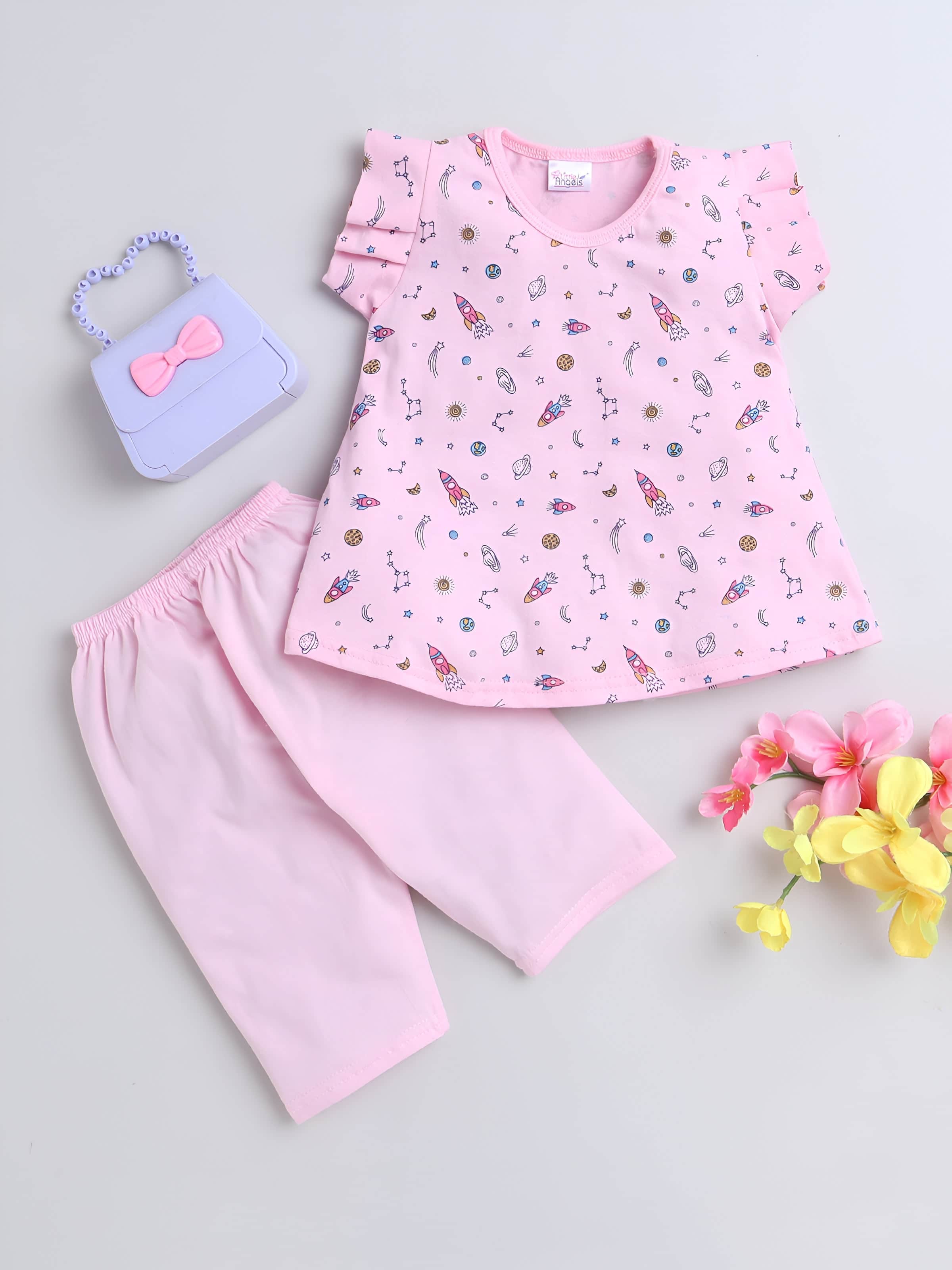 Little Angels Little Angels Round Neck Frill Sleeves Cotton Printed Frock with Pants For Baby Girls Combos Twirl & Tumble Frock with Capri