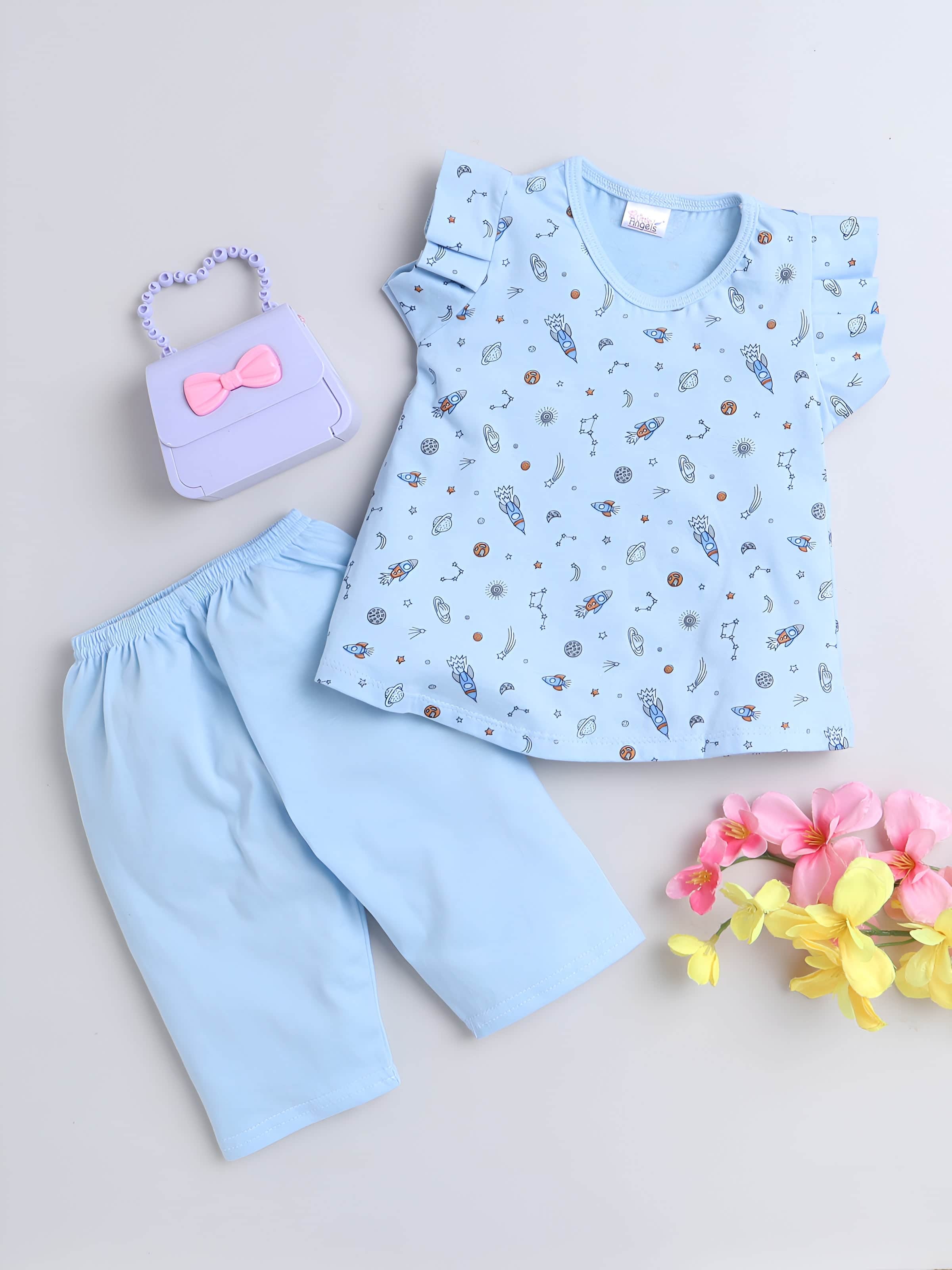 Little Angels Little Angels Round Neck Frill Sleeves Cotton Printed Frock with Pants For Baby Girls Combos Twirl & Tumble Frock with Capri 3-6M / Blue / Cotton