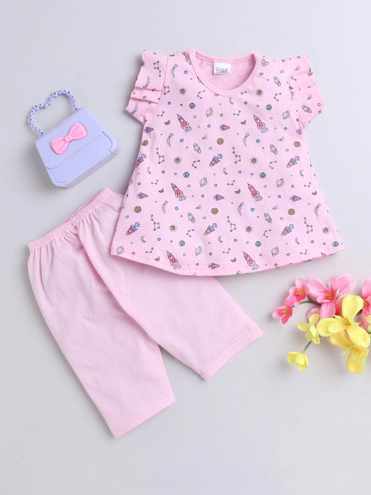 Little Angels Little Angels Round Neck Frill Sleeves Blue Cotton Printed Frock with Pants For Baby Girls Combos Twirl & Tumble Frock with Capri 3-6M / Pink / Cotton