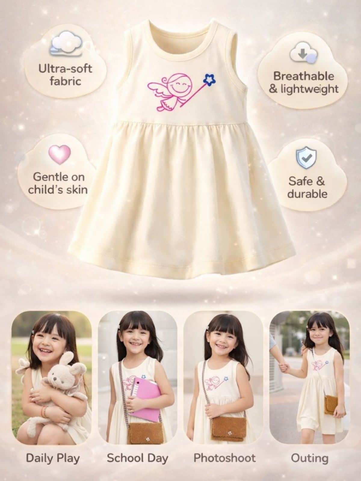 Little Angels Girls Cream Sleeveless Dress with Angel Print | My Little Angels Dress & Frocks Girls Cream Sleeveless Dress with Cute Angel Print