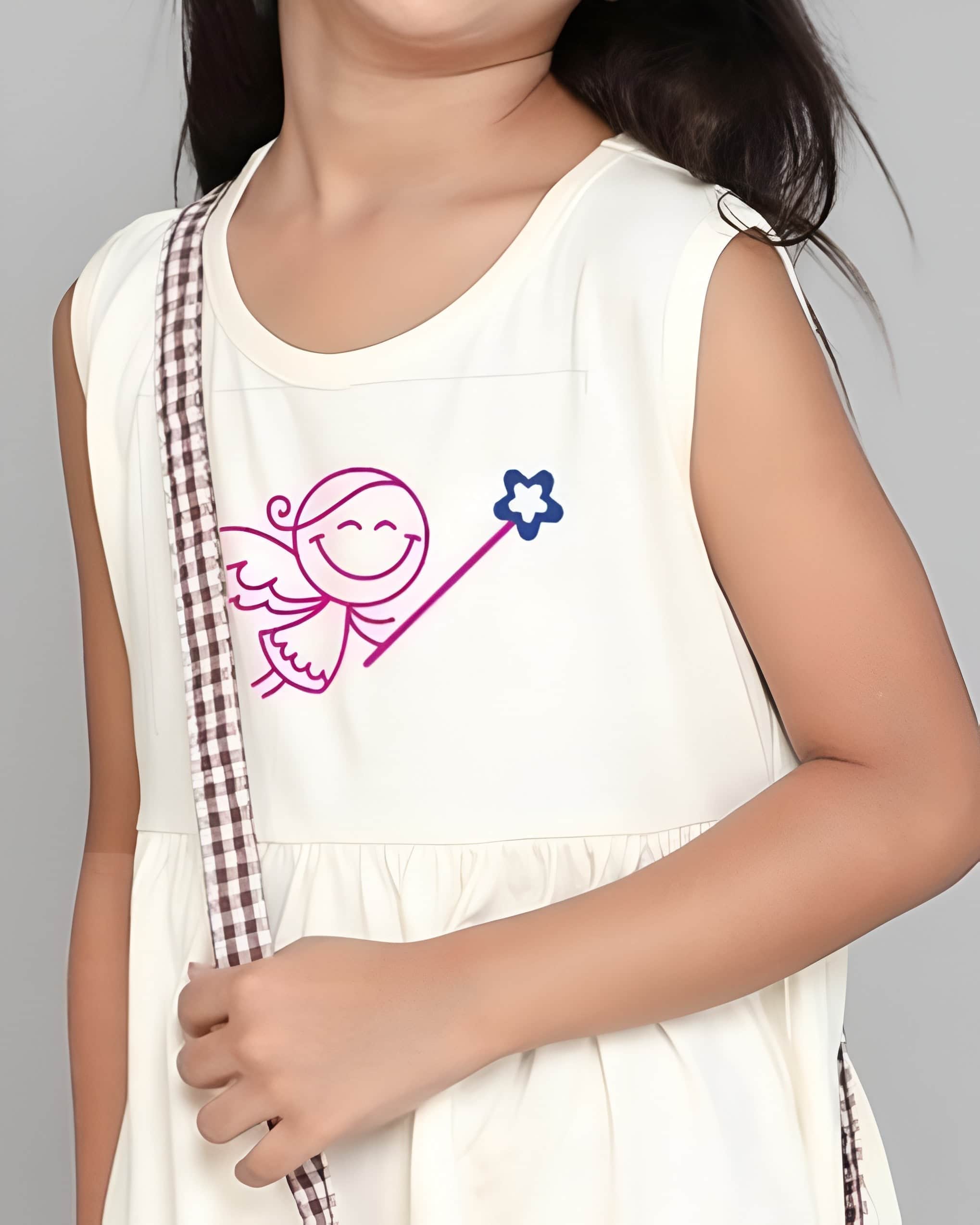 Little Angels Girls Cream Sleeveless Dress with Angel Print | My Little Angels Dress & Frocks Girls Cream Sleeveless Dress with Cute Angel Print