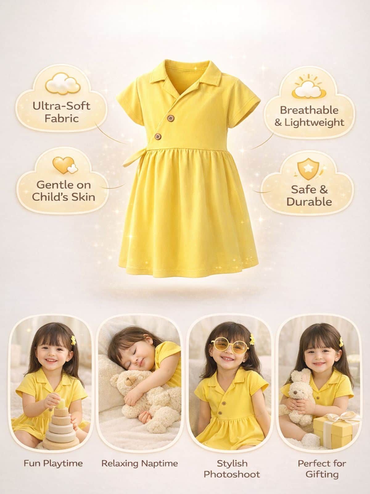 Little Angels Little Angels 1 Pc Dress & Frocks Cotton Collared Neck Short Sleeves Solid Wrap Dress For Baby Girls Dress & Frocks Girls Solid Yellow Collared A-Line Dress with Buttons