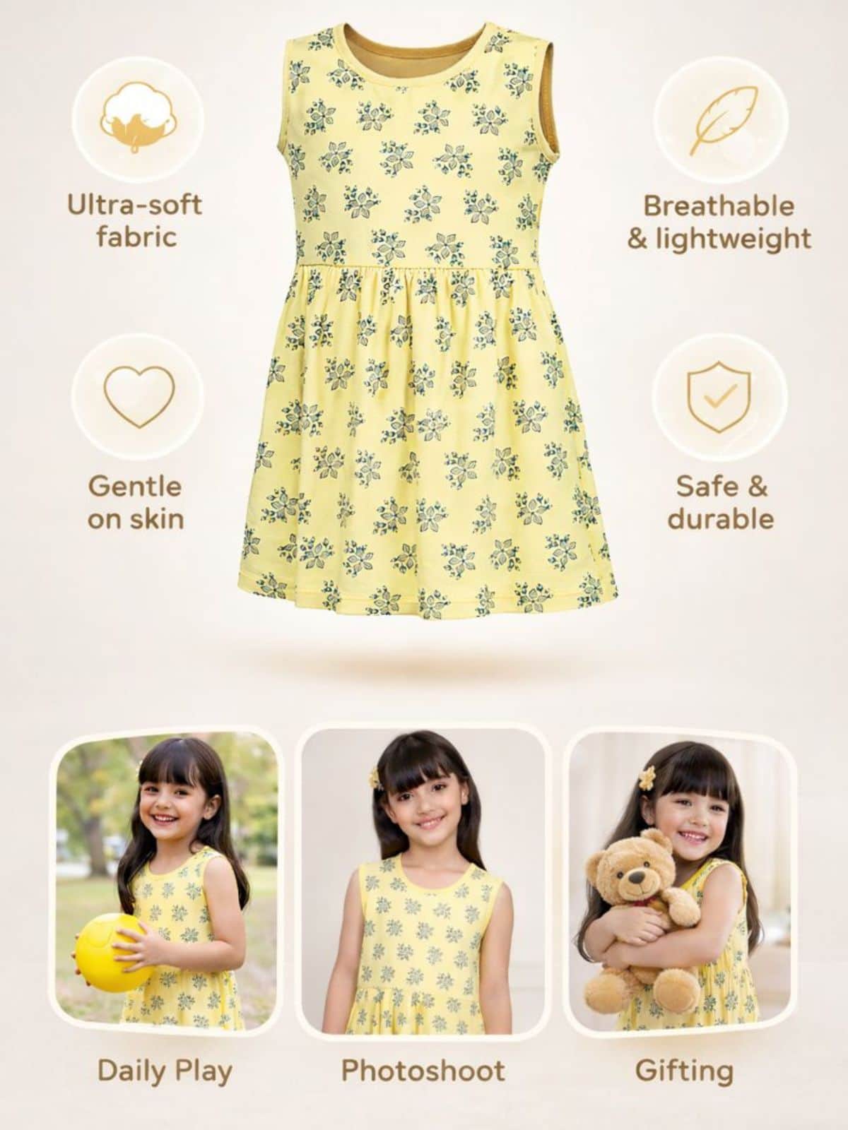Little Angels Little Angels 1 Pc Dress & Frocks Cotton Round Neck Sleeveless Floral Print A-line Dress For Baby Girls Dress & Frocks Girls Yellow Floral Printed Sleeveless A-Line Dress
