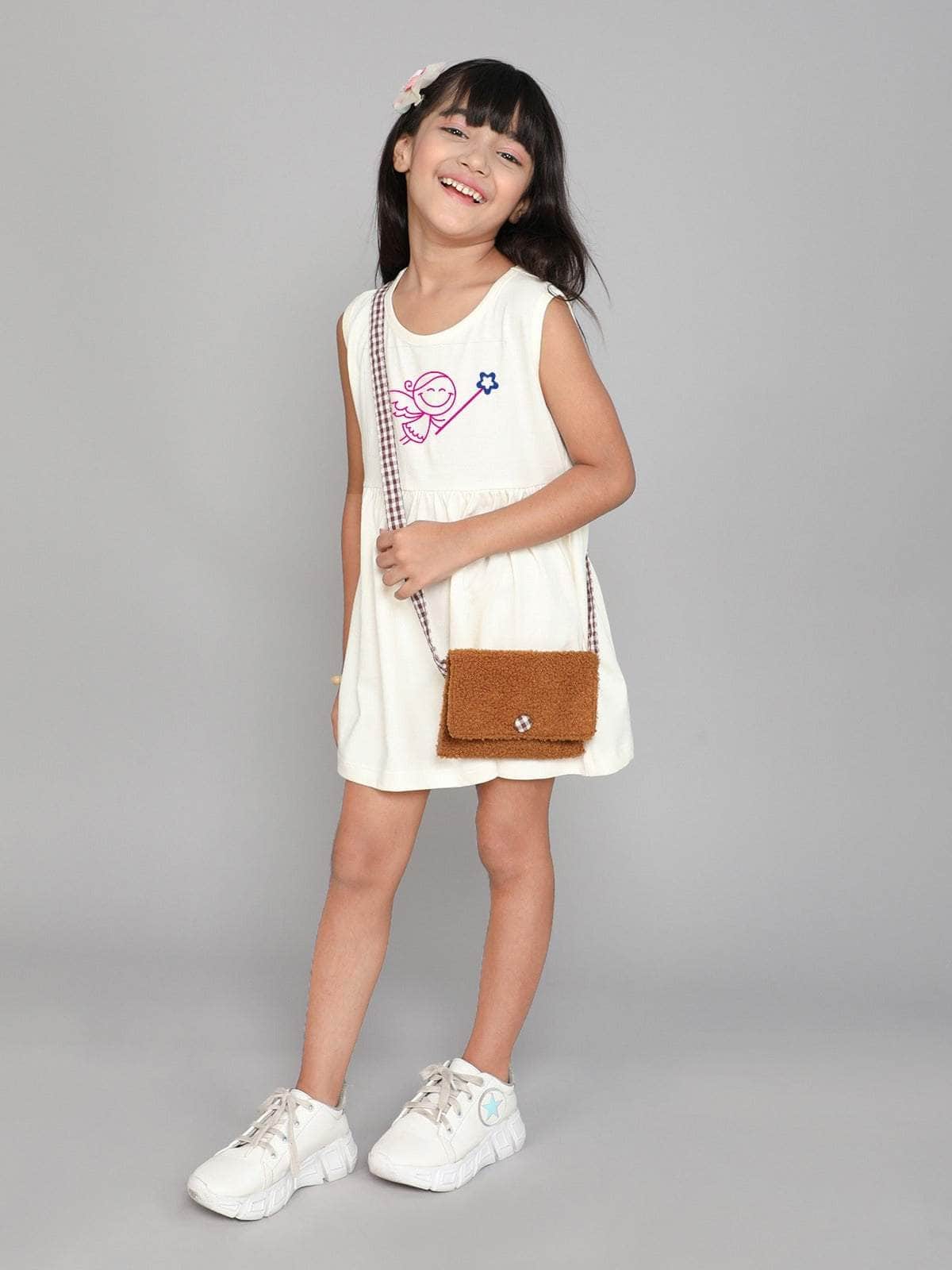 Little Angels Little Angels 1 Pc Dress & Frocks Cotton Round Neck Sleeveless Floral Print A-line Dress For Baby Girls Dress & Frocks Happy Vibes  Cotton Frock 1-2Y / White / Cotton