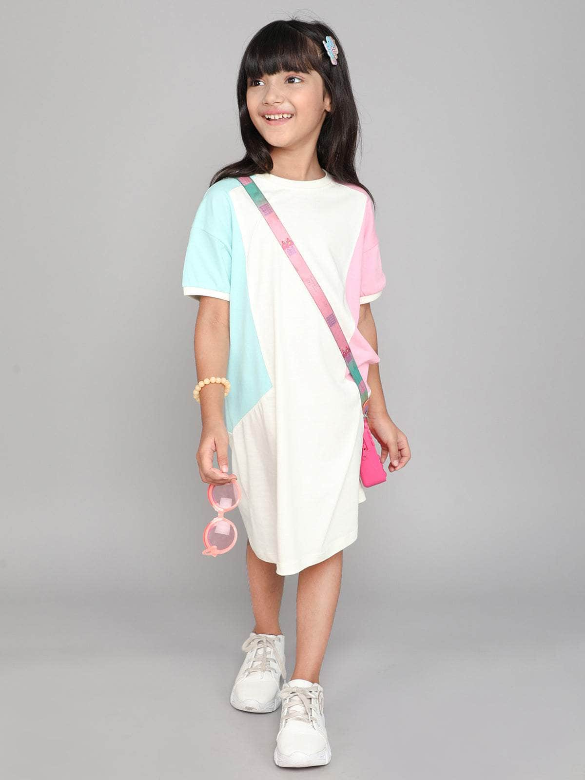 Little Angels Little Angels 1 Pc Dress & Frocks Cotton Round Neck Half Sleeves Color-Block Shift Dress For Baby Girls Dress & Frocks Hop & Pop Play Tee Dress