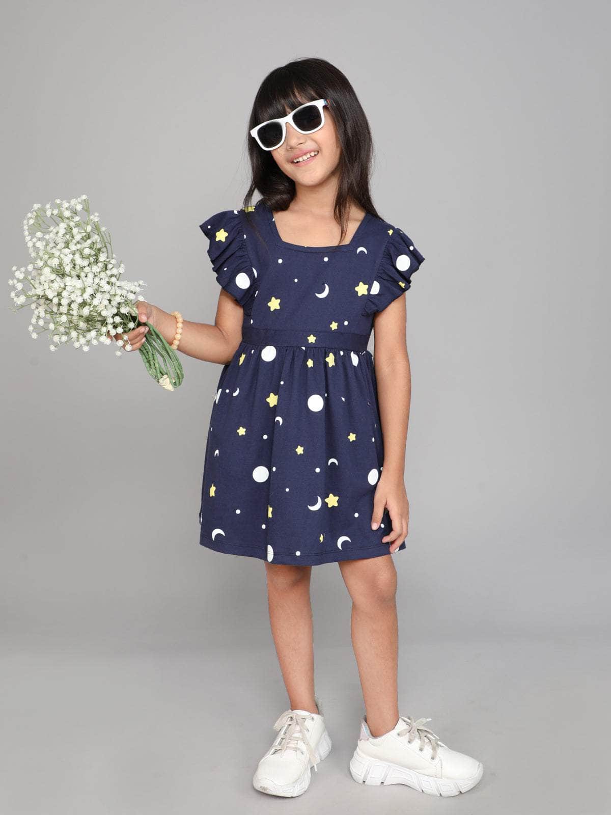 Little Angels Little Angels 1 Pc Dress & Frocks Cotton Square Neck Flared Sleeves Printed A-line Dress For Baby Girls Dress & Frocks Square Neck Flared Sleeves Printed A-line Dress