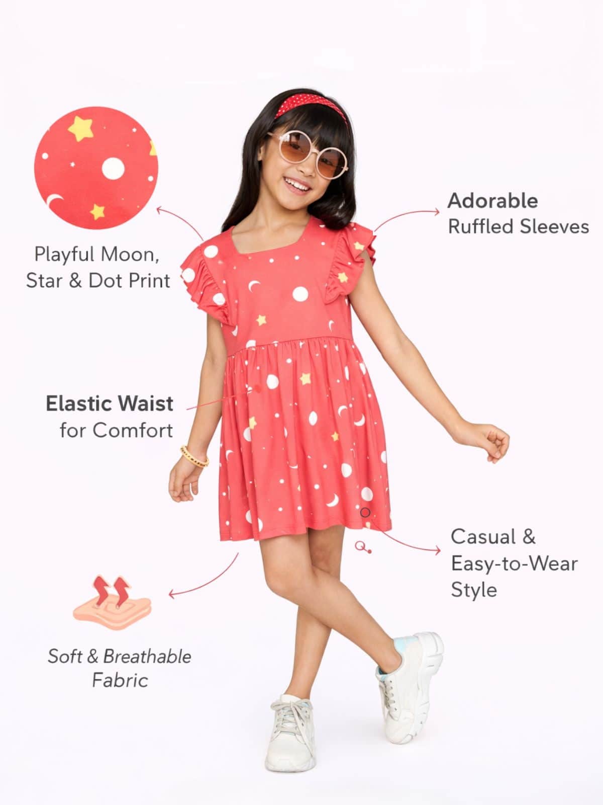 Little Angels Little Angels 1 Pc Dress & Frocks Cotton Square Neck Flared Sleeves Printed A-line Dress For Baby Girls Dress & Frocks Star & Moon Printed Party Wear Dress for Girls