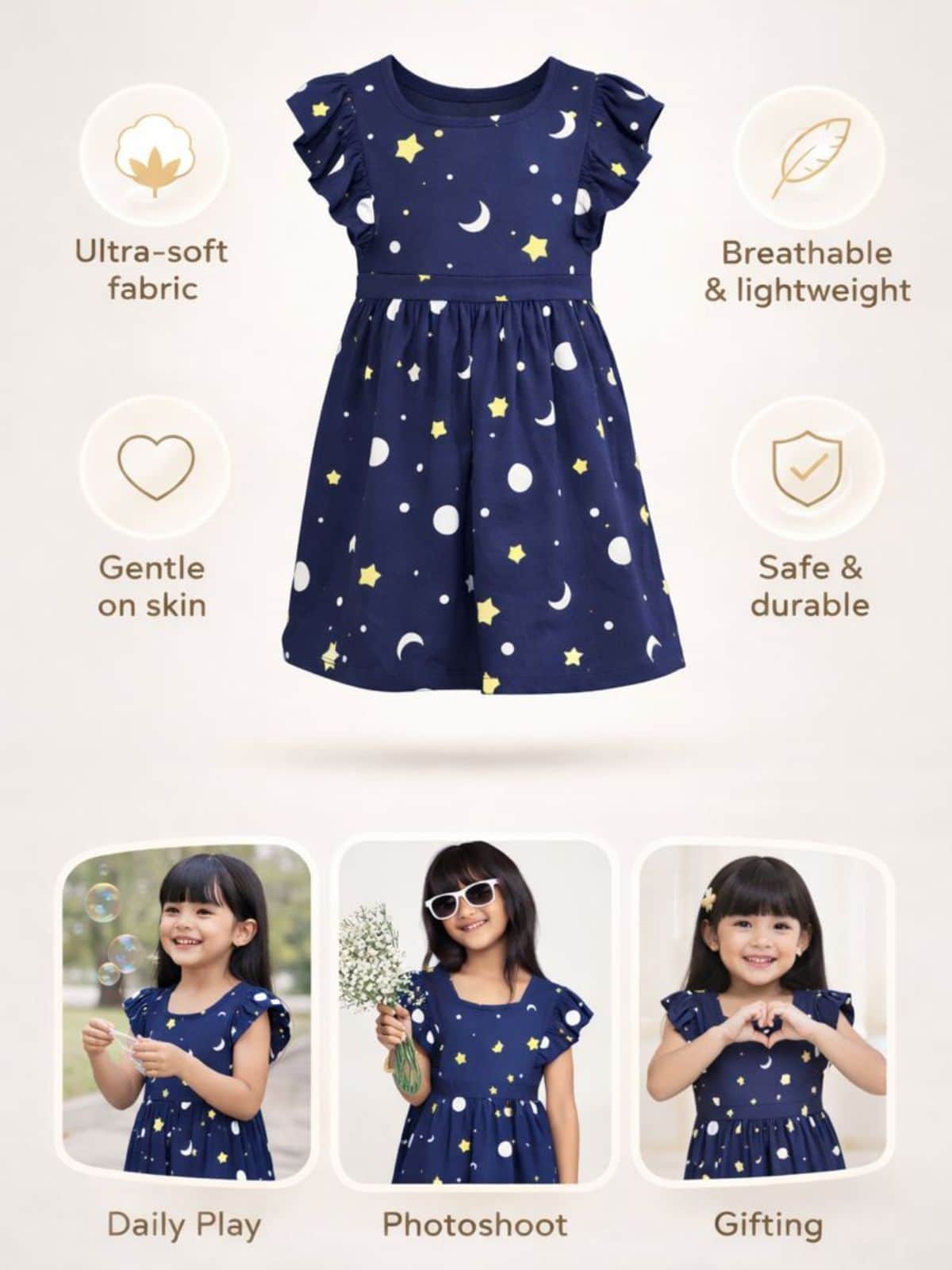 Little Angels Little Angels 1 Pc Dress & Frocks Cotton Square Neck Flared Sleeves Printed A-line Dress For Baby Girls Dress & Frocks Star & Moon Printed Party Wear Dress for Girls