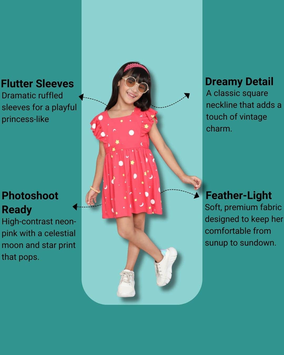 Little Angels Little Angels 1 Pc Dress & Frocks Cotton Square Neck Flared Sleeves Printed A-line Dress For Baby Girls Dress & Frocks Star & Moon Printed Party Wear Dress for Girls