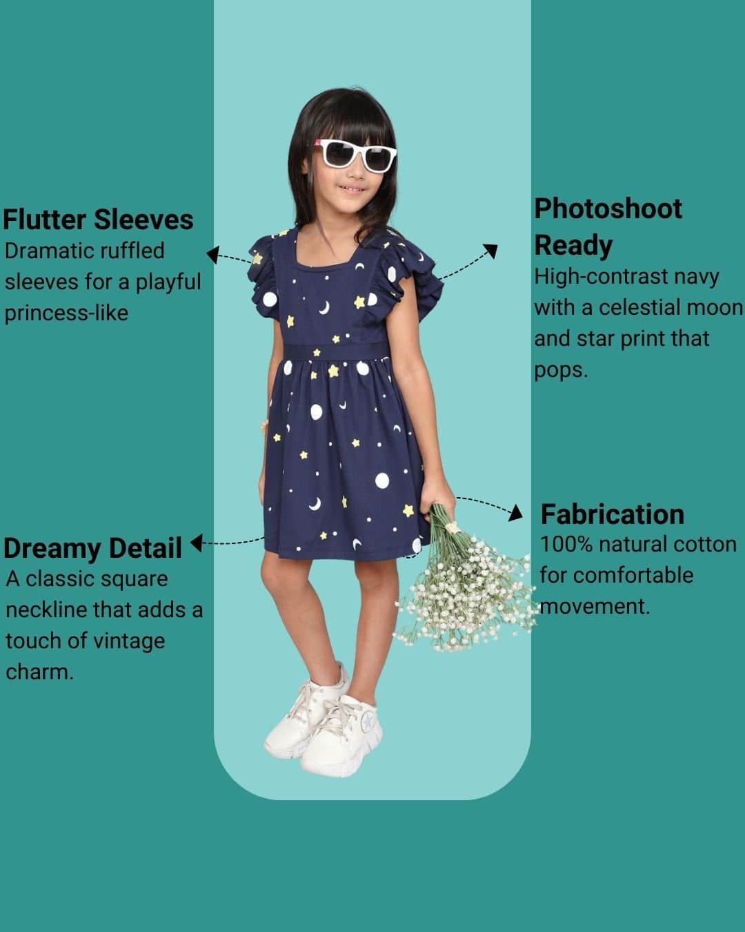 Little Angels Little Angels 1 Pc Dress & Frocks Cotton Square Neck Flared Sleeves Printed A-line Dress For Baby Girls Dress & Frocks Star & Moon Printed Party Wear Dress for Girls