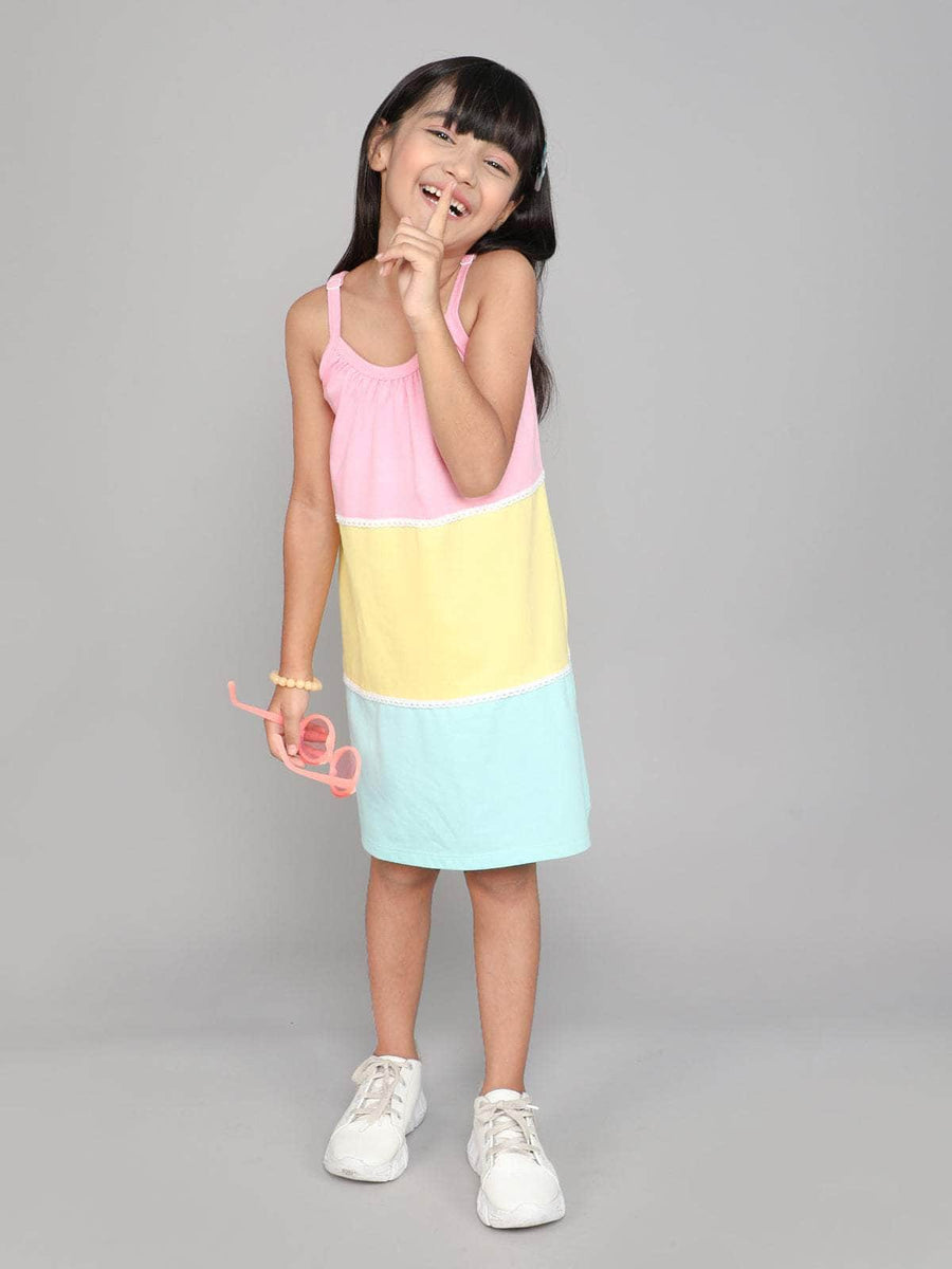 Little Angels Little Angels 1 Pc Dress & Frocks Cotton Spaghetti Neck Sleeveless Color-Block Shift Dress For Baby Girls Dress & Frocks Twirly Whirly Strappy Dress