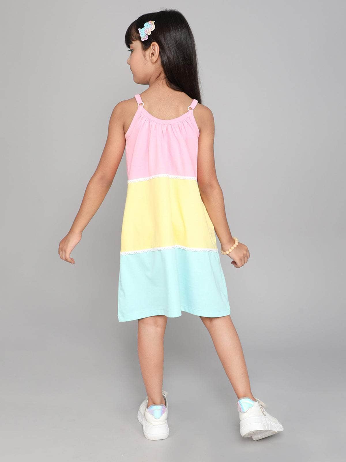 Little Angels Little Angels 1 Pc Dress & Frocks Cotton Spaghetti Neck Sleeveless Color-Block Shift Dress For Baby Girls Dress & Frocks Twirly Whirly Strappy Dress
