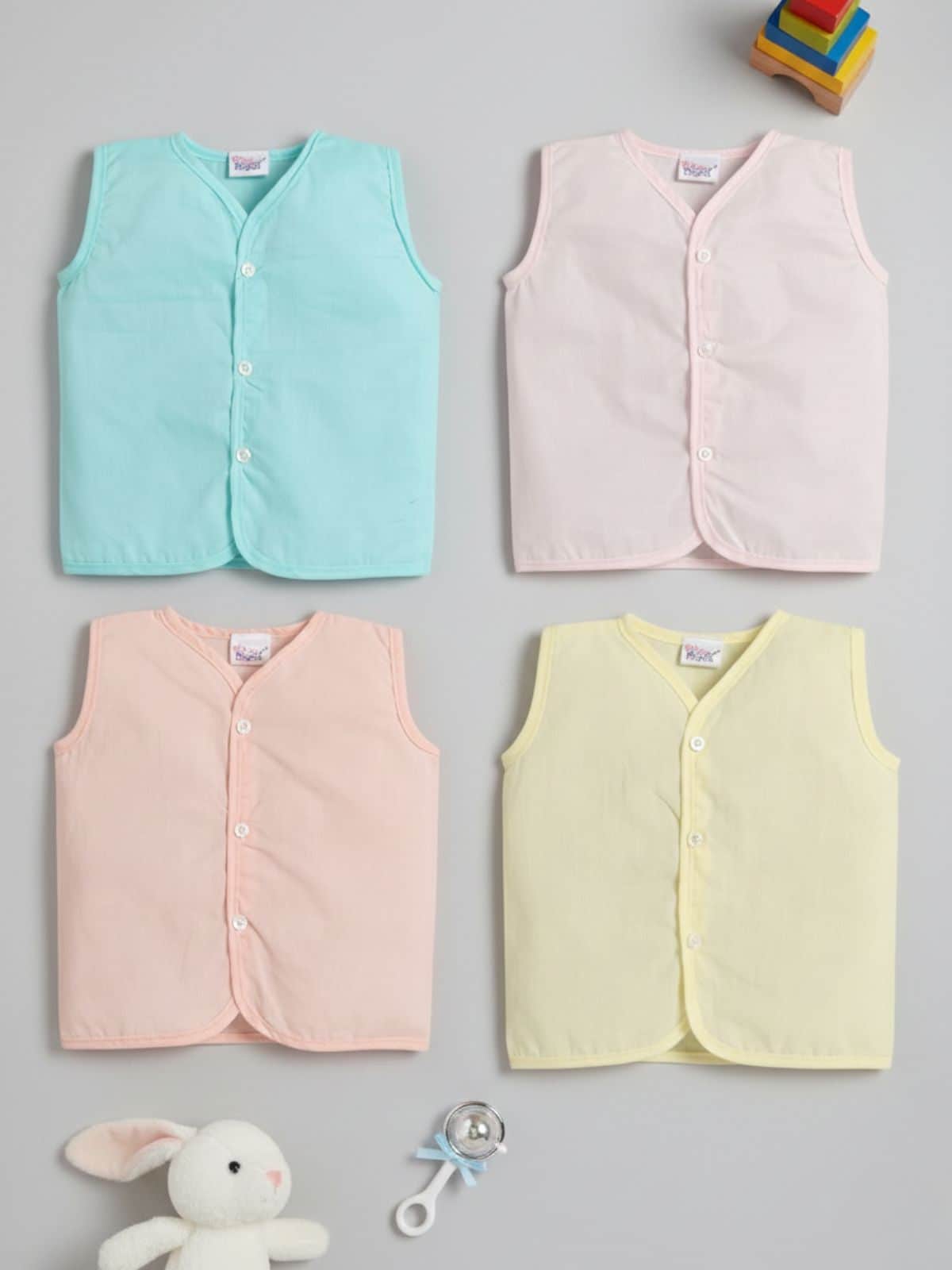 Little Angels Little Angels Pack of 4 Jhabla/Vest Cotton V-Neck Sleeveless Solid Jhablas For Baby Boys and Baby Girls Jhabla/Vest Celestial Comfort Sleeveless Vests- Pack of 4