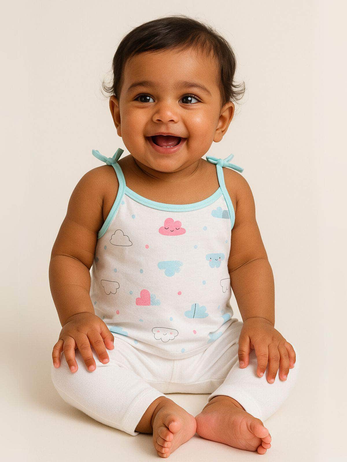 Little Angels Little Angels Cloud Print Tie Knot Vest Pack of 4 Jhabla/Vest Cheerful Clouds Baby vest