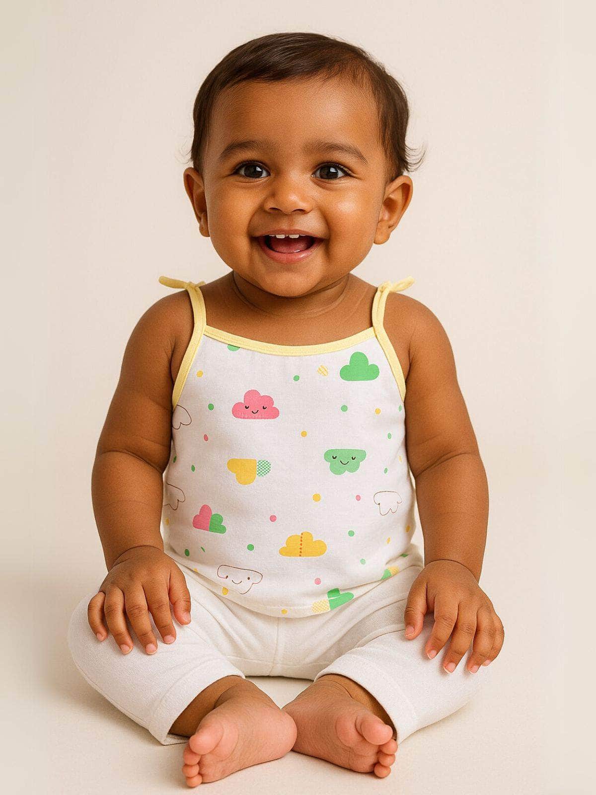 Little Angels Little Angels Cloud Print Tie Knot Vest Pack of 4 Jhabla/Vest Cheerful Clouds Baby vest