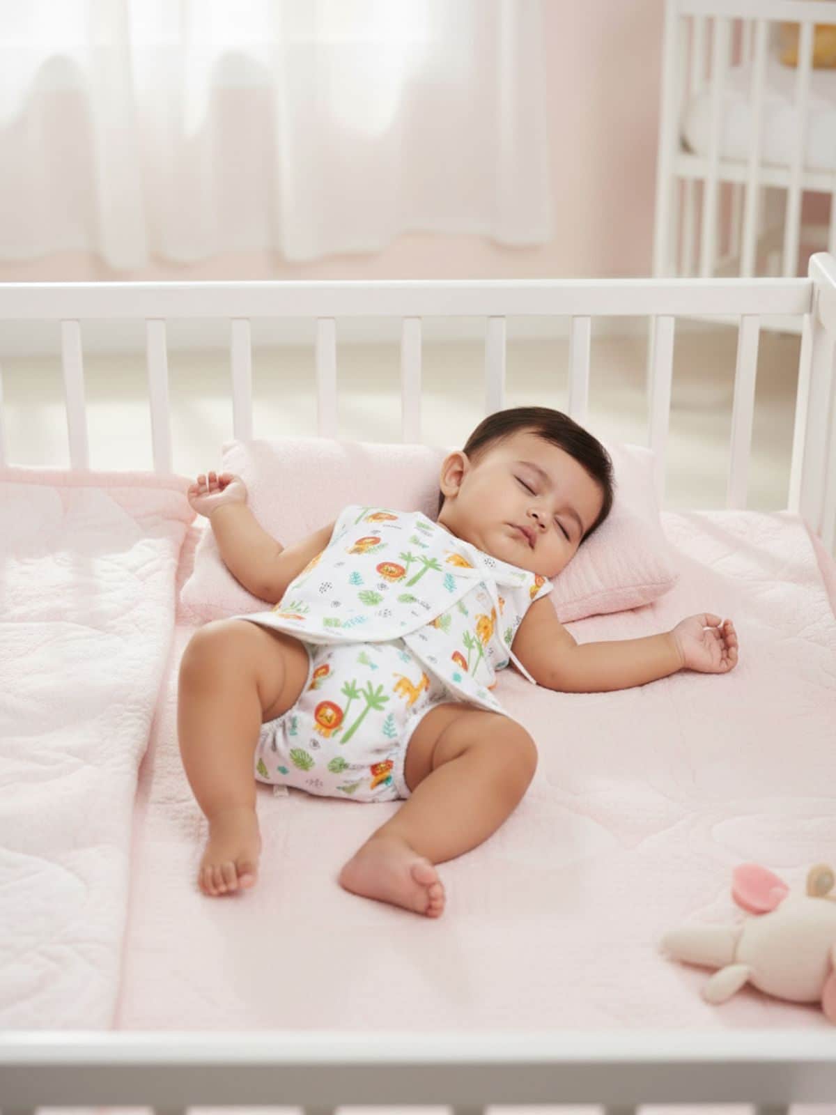 Little Angels Cotton Printed V-Neck Baby Vest & Nappy Set- Jungle Safari Print Jhabla/Vest Cotton Printed Baby Vest & Nappy Set- Jungle Safari Print 3-6M / White / Muslin