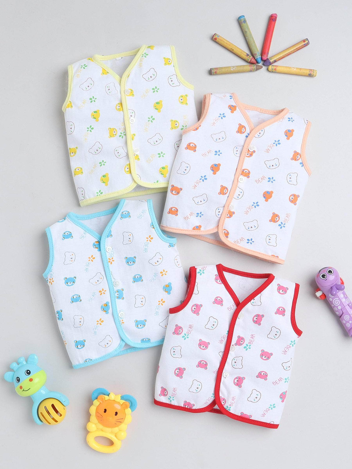 Little Angels Little Angels Pack of 4 Jhabla/Vest Cotton V-Neck Sleeveless Printed Jhablas For Baby Boys and Baby Girls Jhabla/Vest Cuddle Critters Vest Set