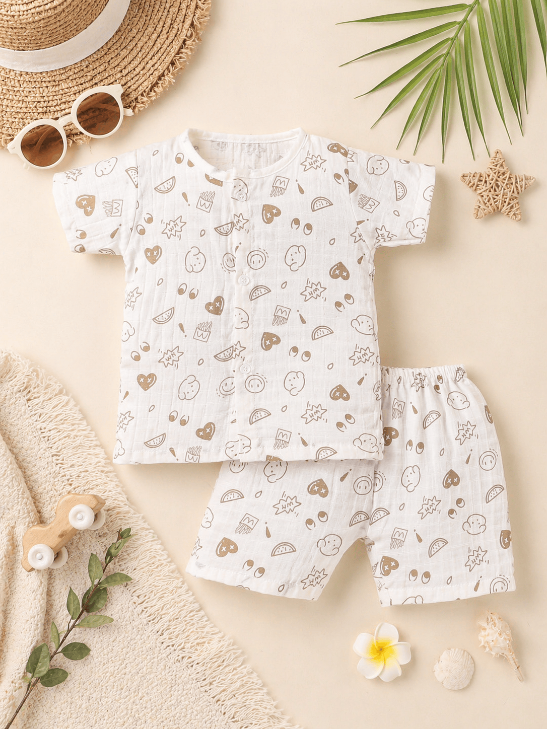 Little Angels Newborn Muslin Cotton Jhabla & Shorts Set | Soft Baby Summer Wear Jhabla/Vest Cute Doodle Print Jhabla & Shorts Set