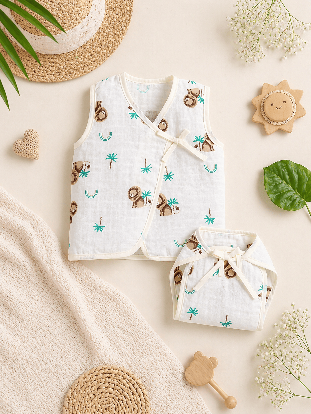 Little Angels Newborn Muslin Jhabla & Nappy Set | Soft Cotton Lion Print Baby Wear Jhabla/Vest Cute Lion Print Muslin Cotton Baby Jhabla & Nappy Set 0-3 M / Yellow / Muslin