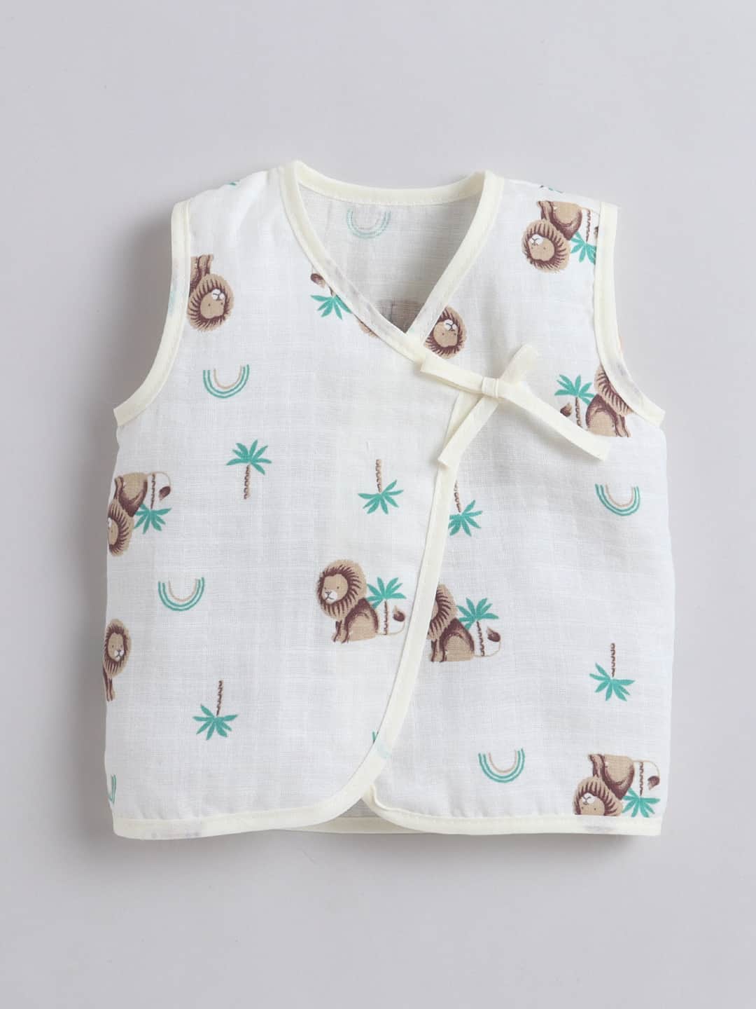 Little Angels Newborn Muslin Jhabla & Nappy Set | Soft Cotton Lion Print Baby Wear Jhabla/Vest Cute Lion Print Muslin Cotton Baby Jhabla & Nappy Set 0-3 M / Yellow / Muslin