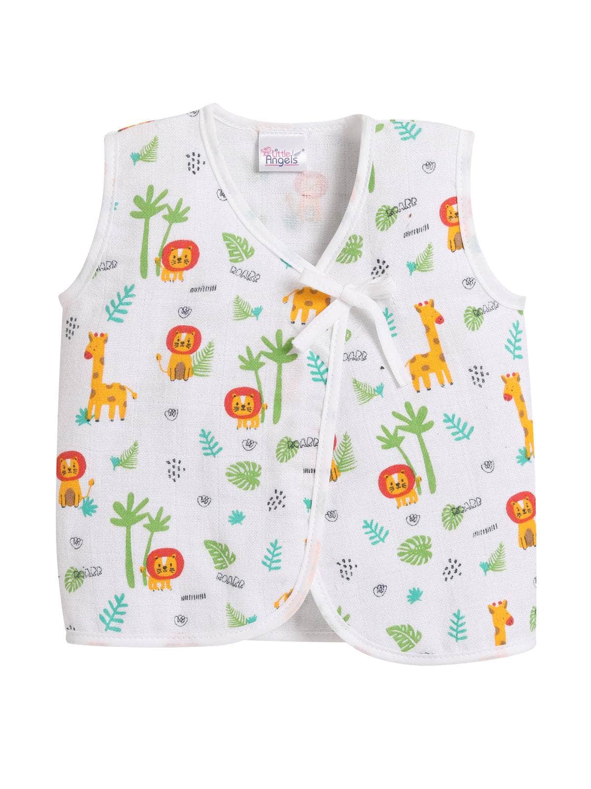 Little Angels Little Angels 2 Pcs Jhabla/Vest Muslin V-Neck Sleeveless Printed Tie-Knot Jhabla & Nappy Set For Baby Boys and Baby Girls Jhabla/Vest Jungle Joy Baby Vest & Nappy Set 3-6M / White / Muslin