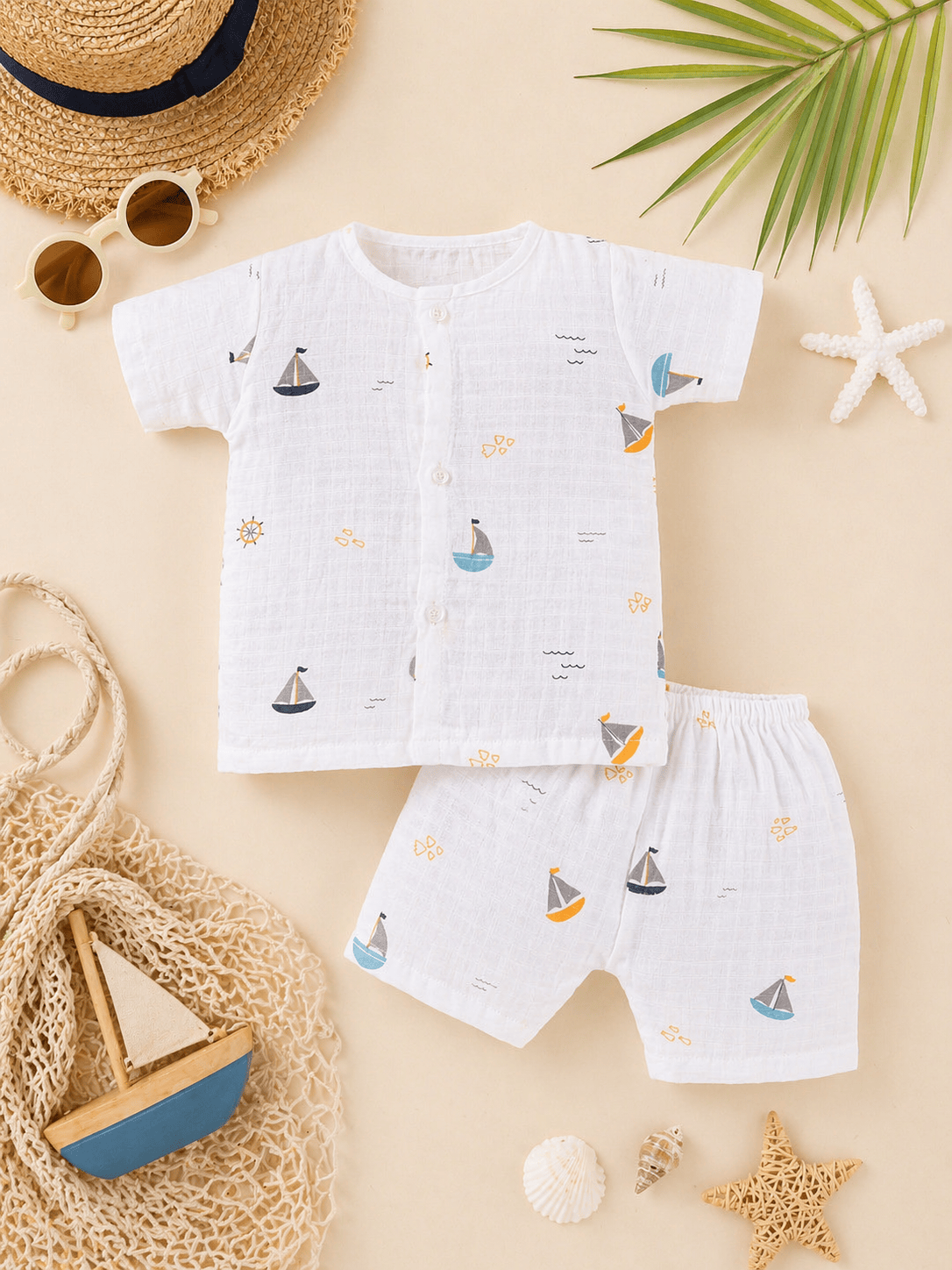 Little Angels Newborn Muslin Jhabla & Shorts Set | Soft Cotton Sailboat Baby Wear Jhabla/Vest Muslin Cotton Baby Jhabla & Shorts Set-Boat Print