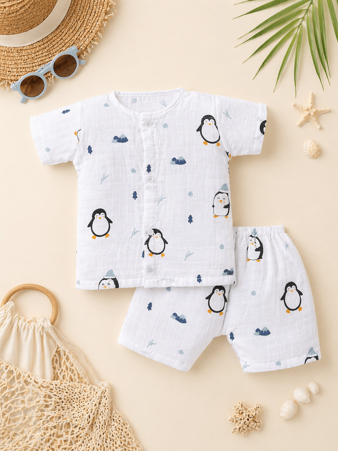 Little Angels Newborn Muslin Jhabla & Shorts Set | Penguin Print Cotton Baby Wear Jhabla/Vest Muslin Cotton Baby Jhabla & Shorts Set-Penguin Print