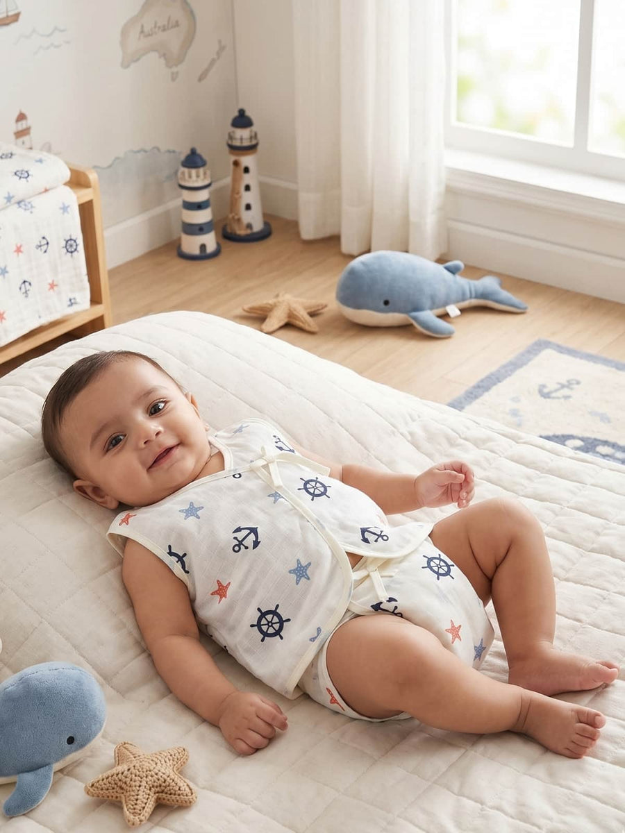 Little Angels Newborn Muslin Jhabla & Nappy Set | Soft Cotton Baby Clothing Jhabla/Vest Nautical Print Muslin Cotton Jhabla & Nappy Set for Newborn 0-3 M / cream / Muslin