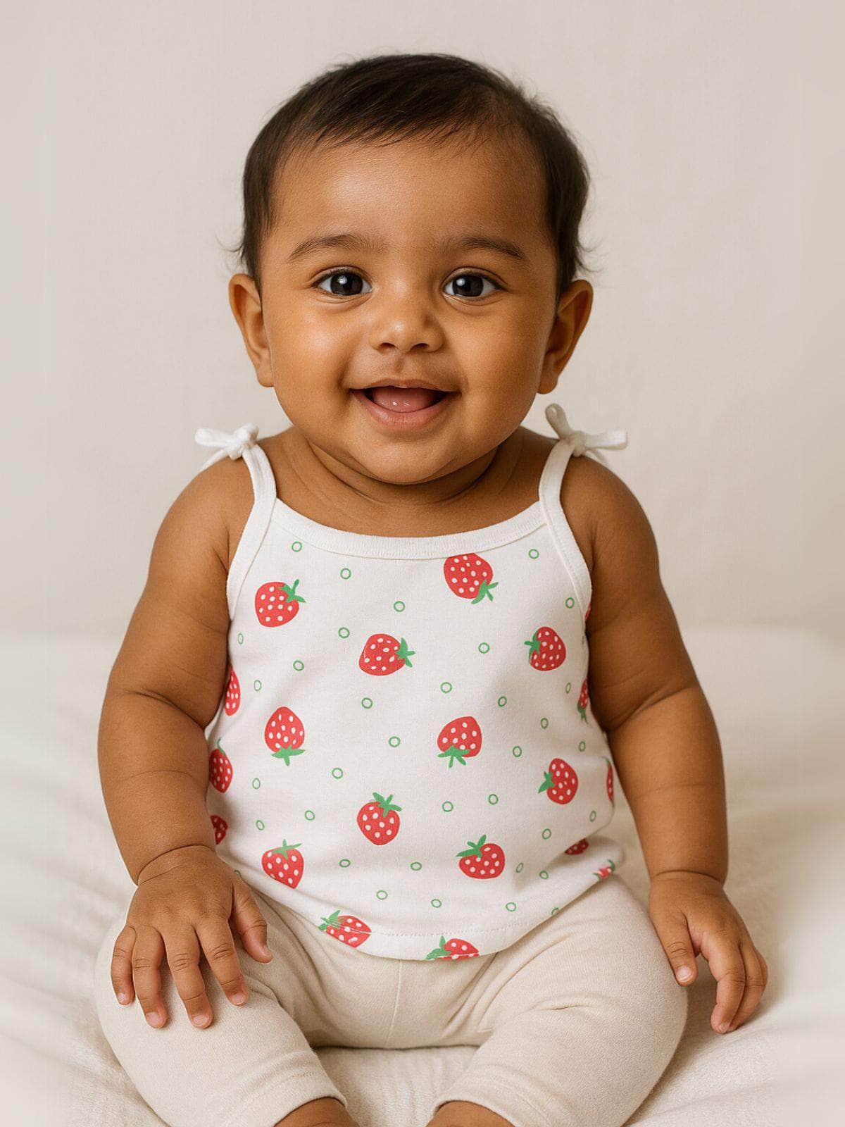 Little Angels Little Angels Baby Strawberry Tie-Knot Cotton Vests – Pack of 3 Jhabla/Vest Strawberry Knot Style Cotton Jhabla