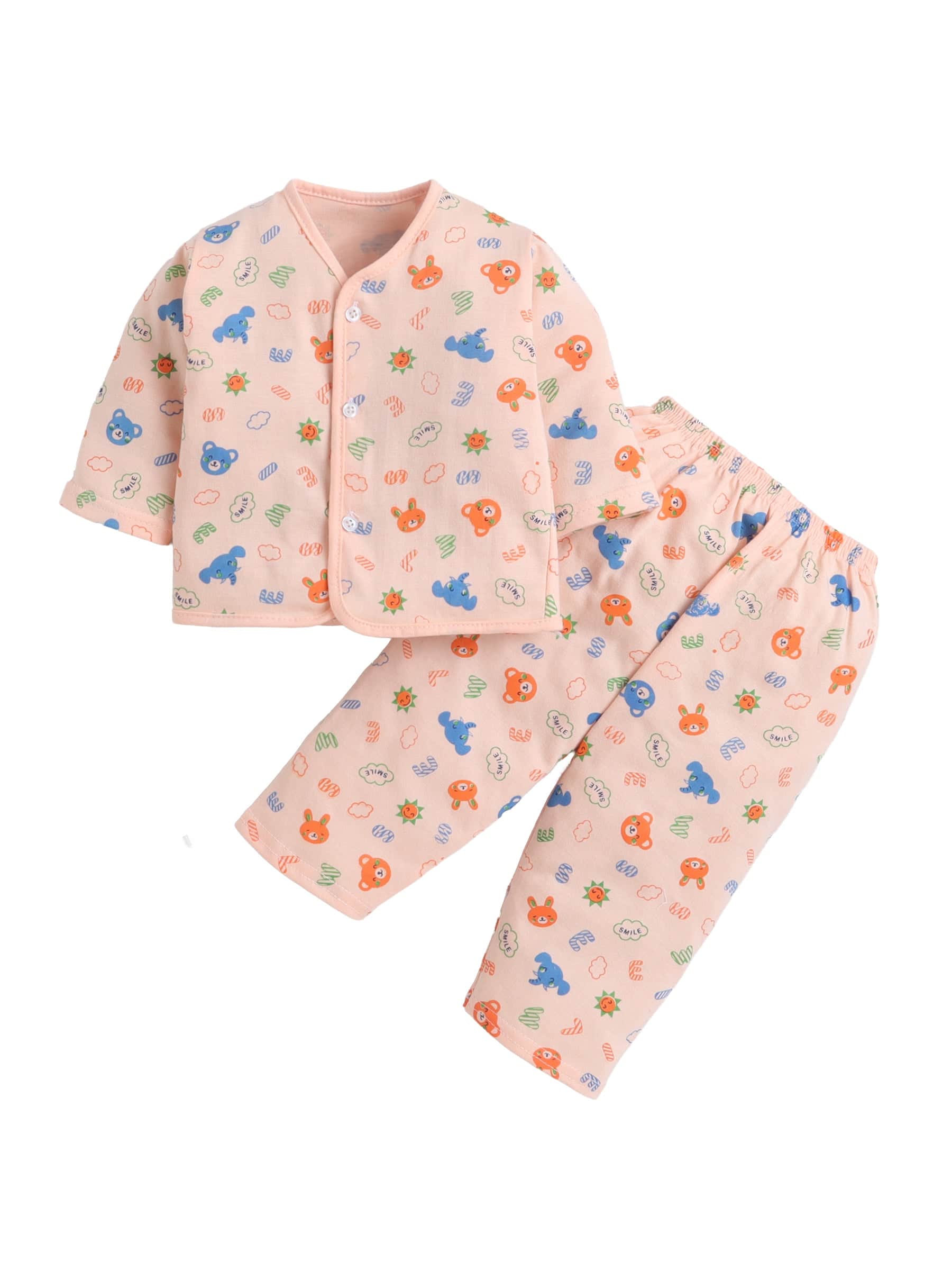 Little Angels Little Angels Cotton V-Neck Half Sleeves Printed Green Jhabla Jhabla/Vest V-Neck Full Sleeves Printed Peach Nightsuit