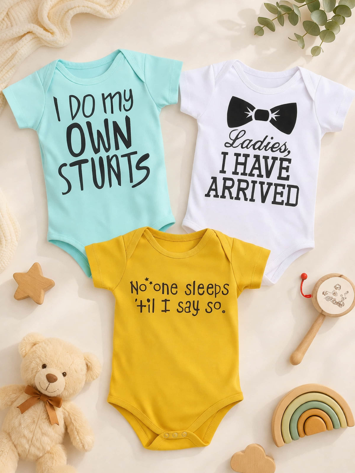 Little Angels 3-Piece Funny Baby Bodysuit Set | Cute Printed Cotton Onesies Night Suits 3-Piece Funny Printed Baby Bodysuit Combo Set – Cute Cotton Infant Onesies Multicolor / 3-6 M / Cotton
