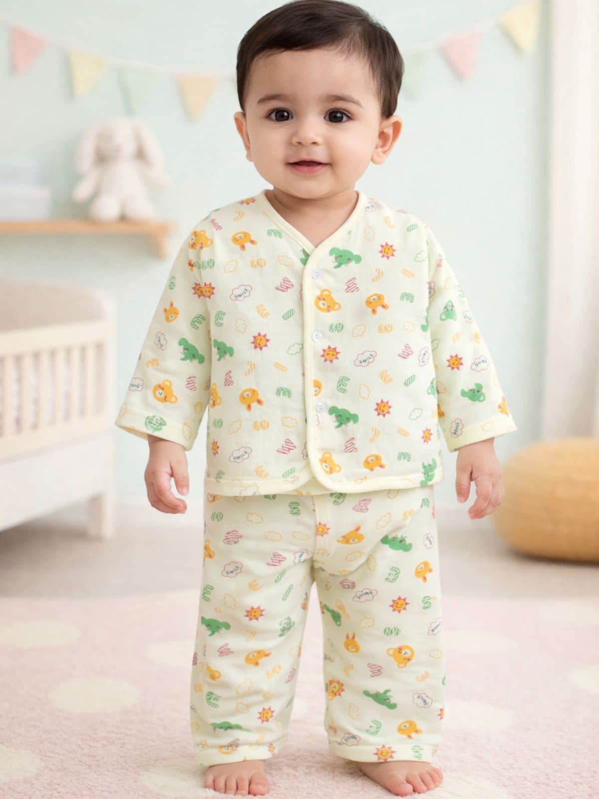 Little Angels Baby Cotton Nightwear Set – Soft Printed Top & Pajama | Little Angels Night Suits V-Neck Full Sleeves Printed Yellow Nightsuit
