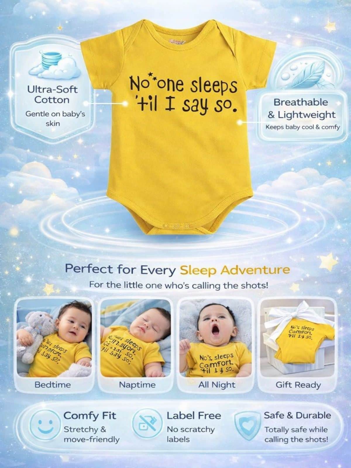 Little Angels Yellow Cotton Graphic Print Baby Romper Onesies Bright Yellow Cotton Romper for Baby Wear