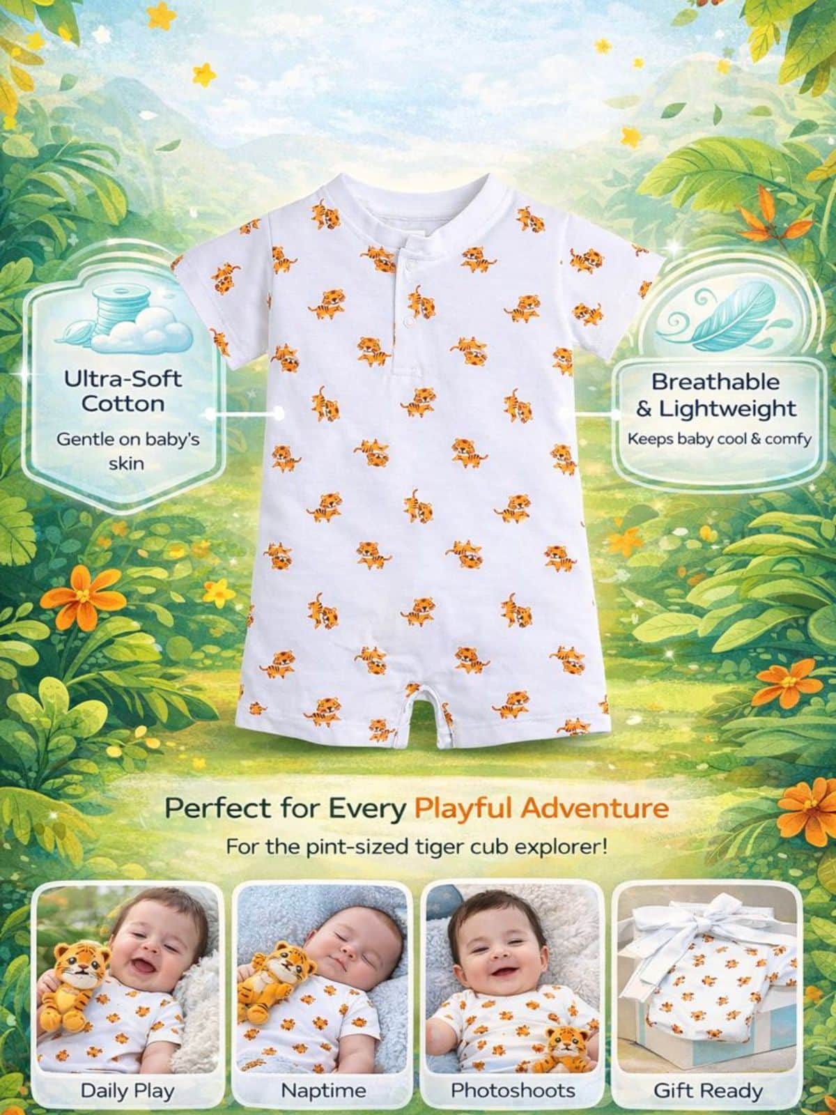 Little Angels White Cotton Tiger Print Baby Romper Onesies Soft White Cotton Baby Bodysuit with Tiger Print